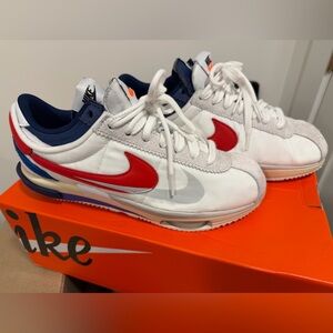Sacai x Nike Cortes White, Red, and Blue